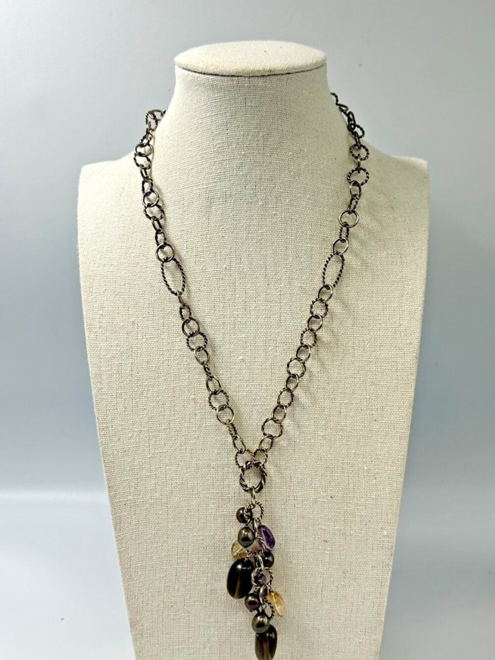 CGI CN 925 Sterling Silver Mixed Gemstone Pearl Charm Drop Necklace 30.84g